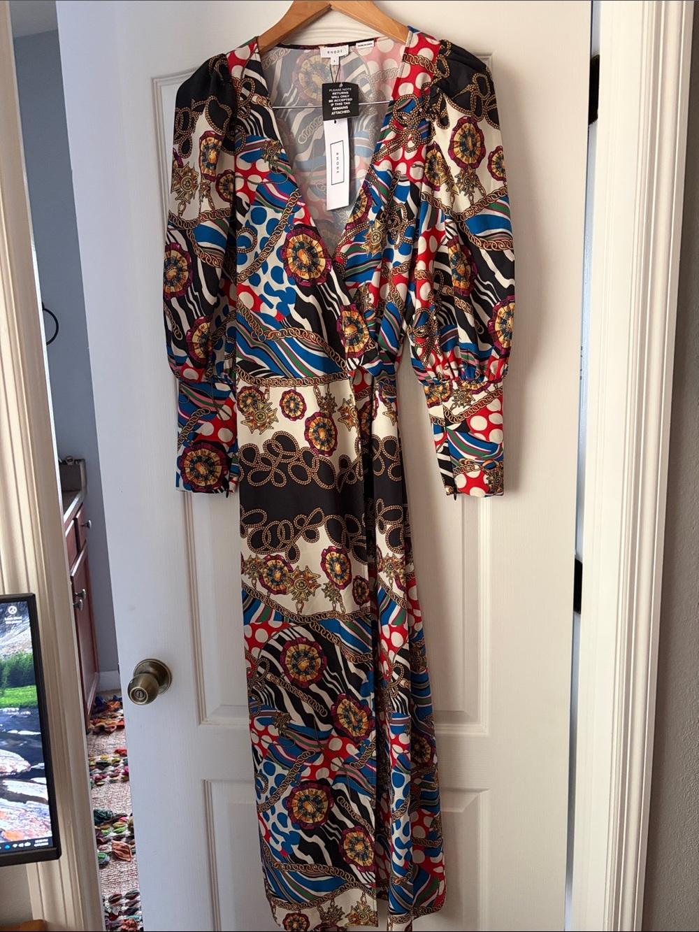 NWT RHODE Multicolor Chain Print V-Neck Wrap Dress with Red, Blue, Black. SZ S